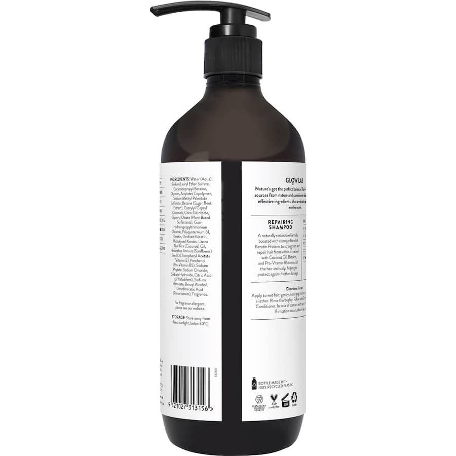 Glow Lab Repairing Shampoo: Nourishing formula with Keratin, Coconut Oil, and floral scent for strengthened, healthy hair.