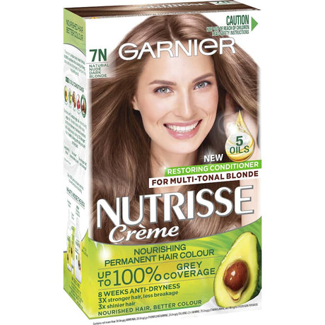 Garnier Nutrisse Dark Blonde 7N hair dye, infused with 5 natural oils for vibrant, silky, and nourished hair with 100% grey coverage.