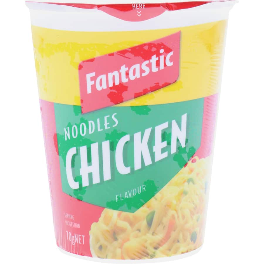 Cup of Fantastic Instant Noodles Chicken, quick meal with real chicken flavor, gluten-free, ready in 3 minutes.