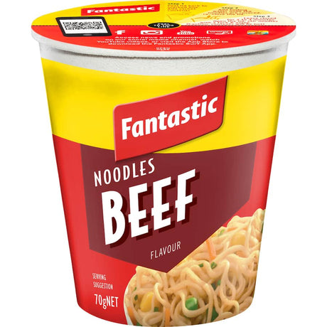 Savory beef-flavored instant noodles in a convenient cup, ready in 3 minutes for a quick, satisfying meal on-the-go.