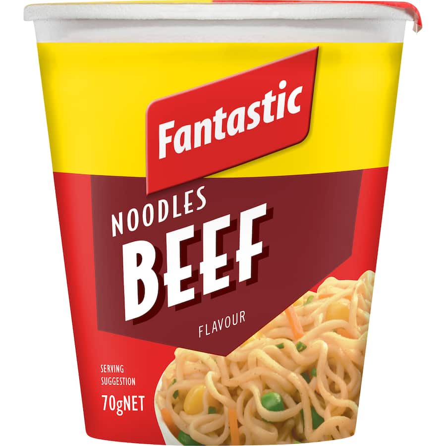 Savory beef-flavored instant noodles in a convenient cup, ready to eat in just 3 minutes with hot water.