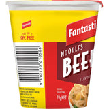 Savory beef-flavored instant noodles in a convenient cup, ready in 3 minutes for a quick, satisfying meal.