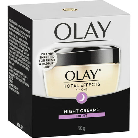 Olay Total Effects Night Cream: vitamin-rich moisturizer for soft, smooth skin, reducing fine lines and revitalizing dullness overnight.