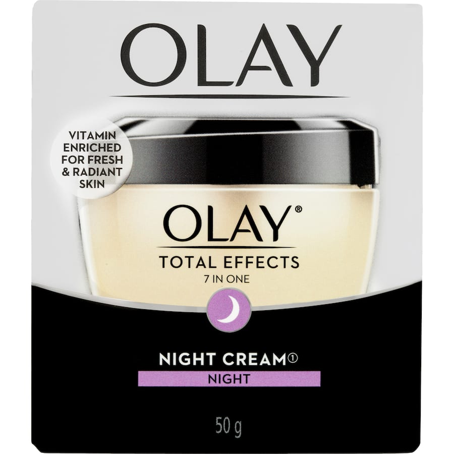 Olay Total Effects Night Face Cream: vitamin-rich moisturizer revitalizes skin, reduces fine lines, and enhances radiance overnight.