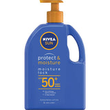 Nivea Sunscreen Protect & Moisture SPF50+, offering 5-in-1 sun protection and hydration with water resistance for outdoor activities.