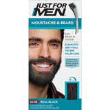 Just For Men Moustache & Beard Colour in Real Black, a fast-acting gel for thickening and conditioning facial hair.