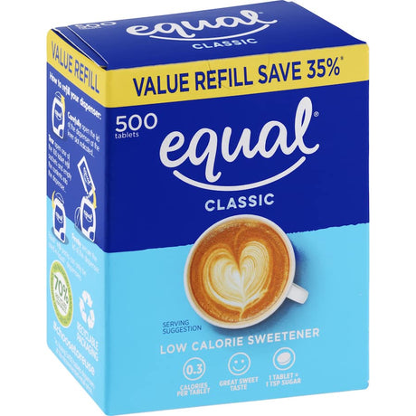 Equal Sugar Substitute Tablets refill pack for guilt-free sweetness, made with aspartame, ideal for health-conscious sugar alternatives.