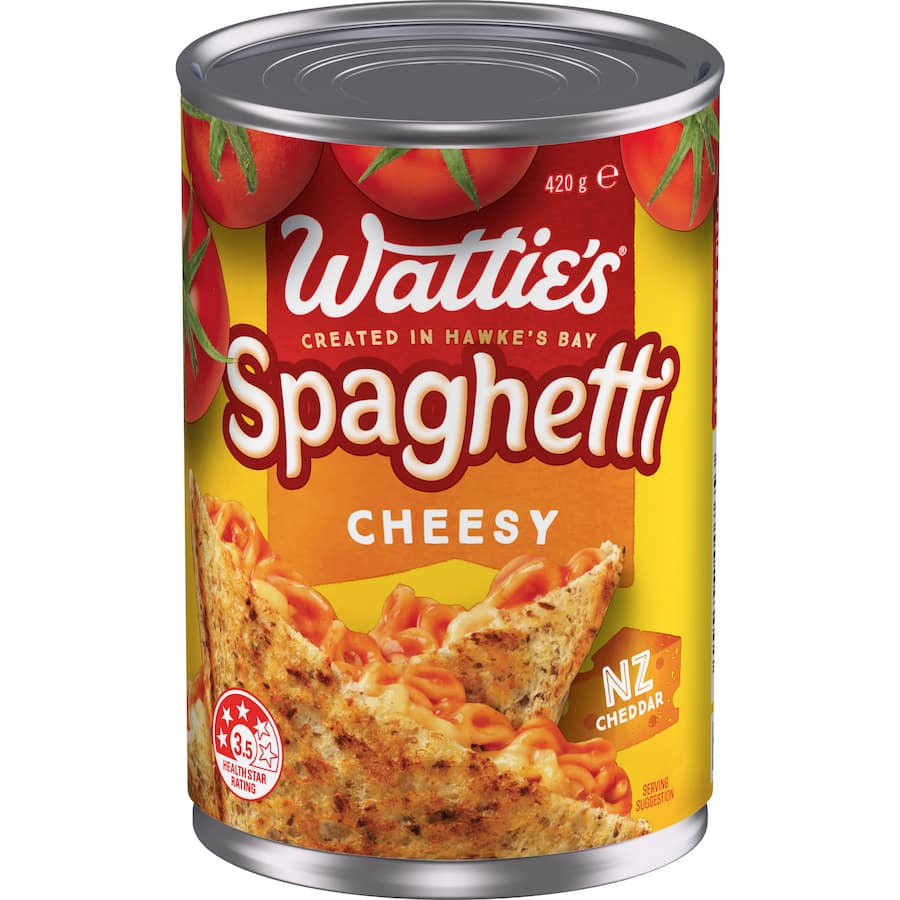 Wattie's Spaghetti Cheesy with New Zealand cheddar in tomato sauce, perfect for quick meals and indulgent snacks.