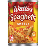 Wattie's Spaghetti Cheesy with New Zealand cheddar in tomato sauce, ideal for quick meals and cheesy toasties, 98% fat-free.