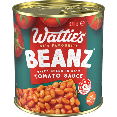 Wattie's Baked Beanz in Tomato Sauce, high in protein, fiber, and 99% fat-free, perfect for any meal.