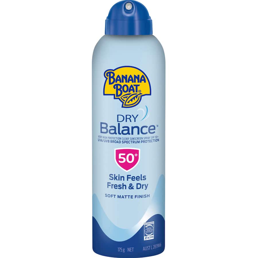 Lightweight Banana Boat SPF 50+ sunscreen spray offers dry, non-greasy protection against UVA/UVB rays for outdoor activities.