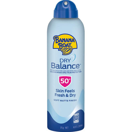 Lightweight Banana Boat SPF 50+ sunscreen spray offers dry, non-greasy protection against UVA/UVB rays for outdoor activities.