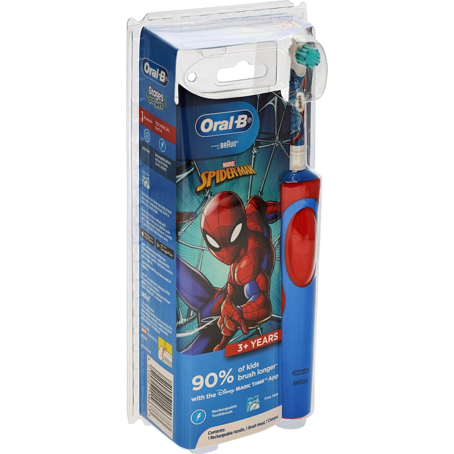 Electric toothbrush for kids with Spiderman design, soft bristles, 2D cleaning action, and Disney app integration.