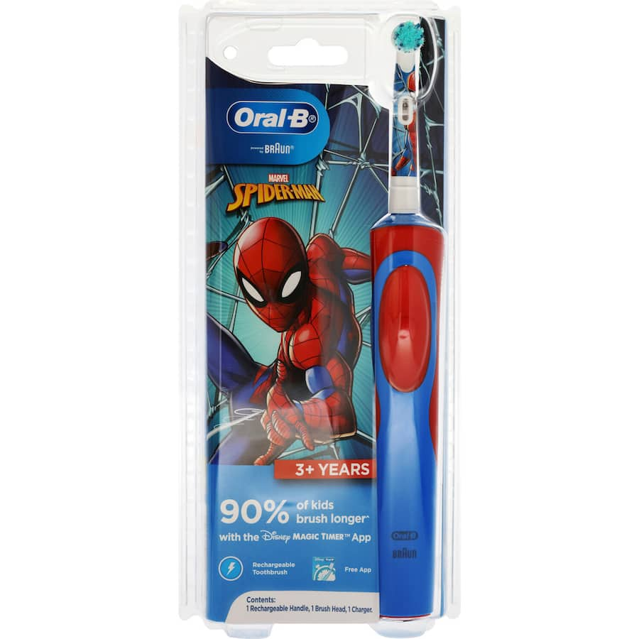 Electric toothbrush for kids featuring Spiderman design, soft bristles, and compatible with Disney Magic Timer app.