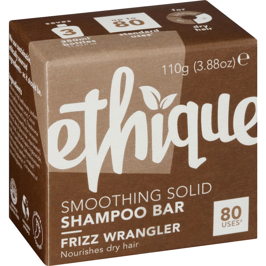 Ethique Shampoo Bar Frizz Wrangler for normal to dry hair; eco-friendly, soap-free, pH balanced, smooths frizz for curly hair.