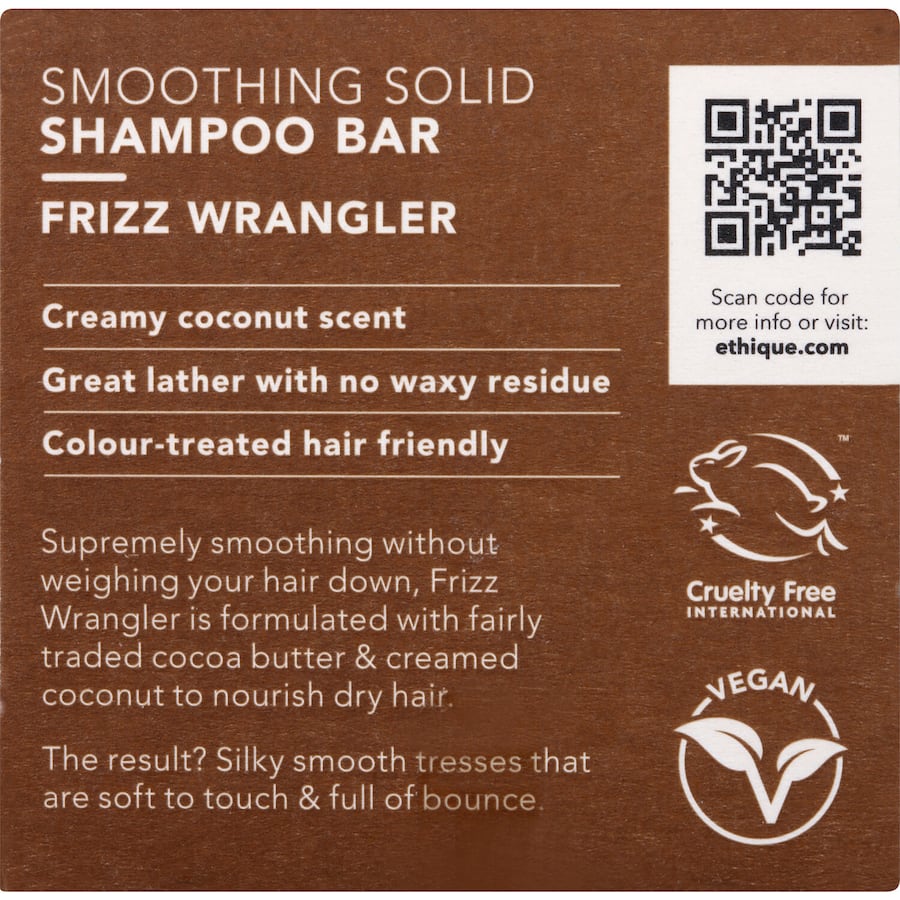 Ethique Shampoo Bar Frizz Wrangler for normal to dry hair; eco-friendly, pH balanced, ideal for frizz control and color protection.