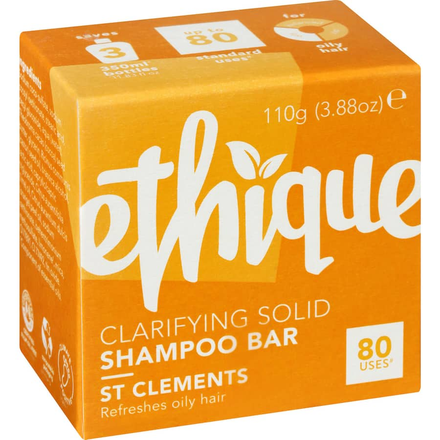 Ethique Shampoo Bar St Clements, a pH balanced bar for oily hair, infused with castor, lime, and orange oils for freshness.