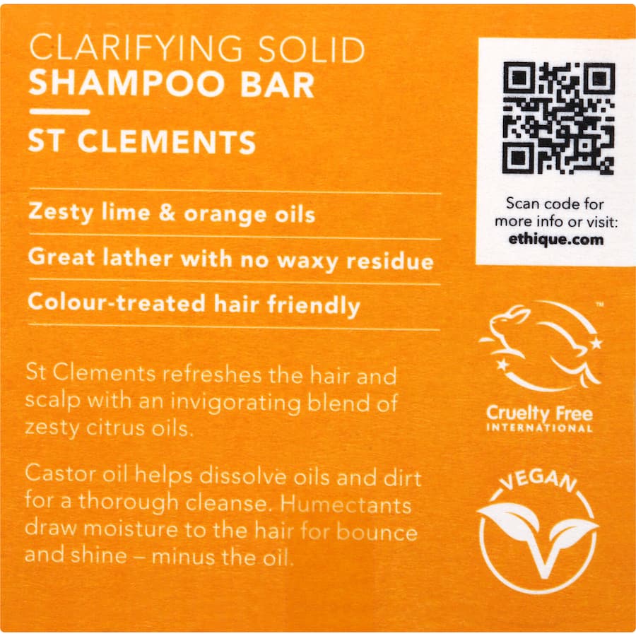 Ethique Shampoo Bar St Clements: eco-friendly, soap-free cleansing bar infused with castor, lime, and orange oils for oily hair.