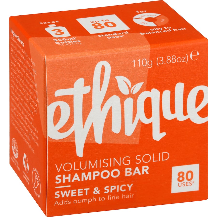 Ethique Shampoo Bar Sweet & Spicy: eco-friendly, pH balanced bar with orange, cinnamon, and ginger for vibrant, bouncy hair.