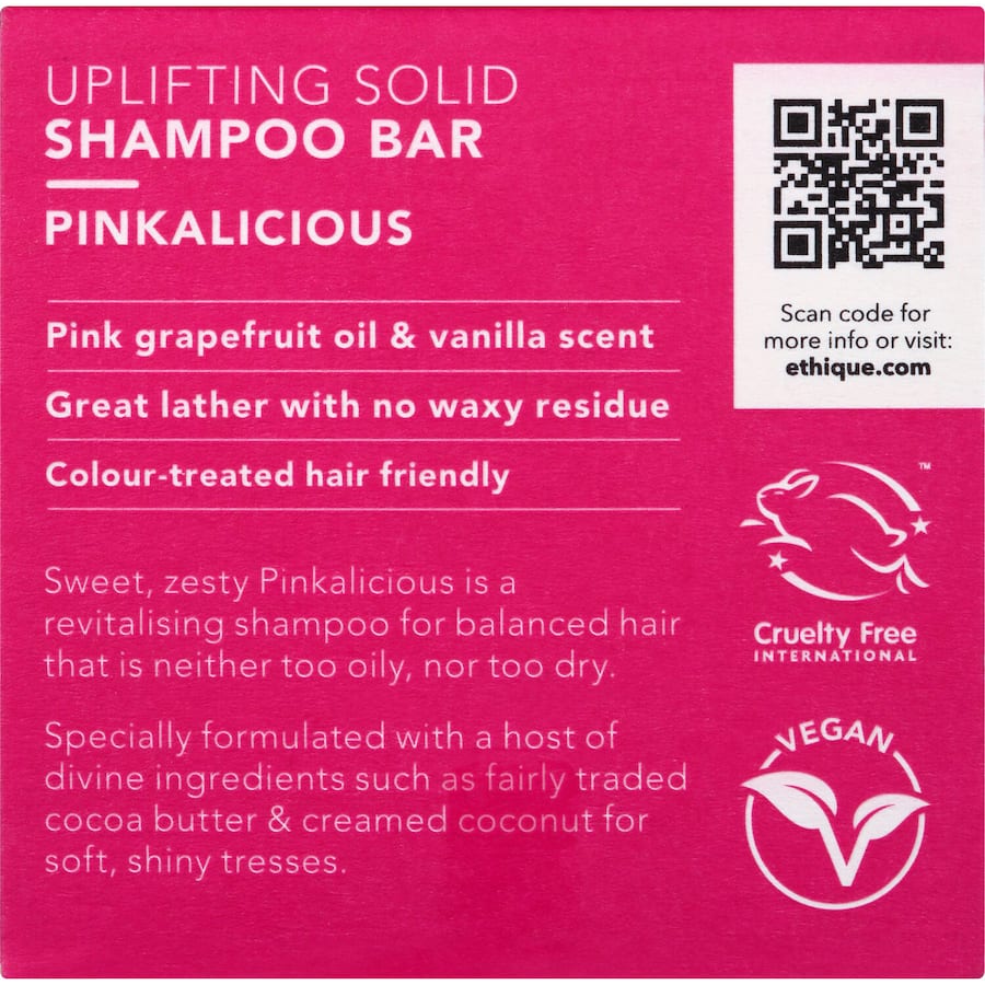 Luxurious Ethique Pinkalicious Shampoo Bar for normal hair, infused with pink grapefruit and vanilla, eco-friendly and pH-balanced.