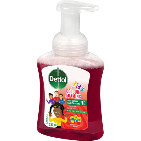 Colorful foam Dettol Kids Hand Wash Berry, antibacterial and gentle, making hand hygiene fun for children.