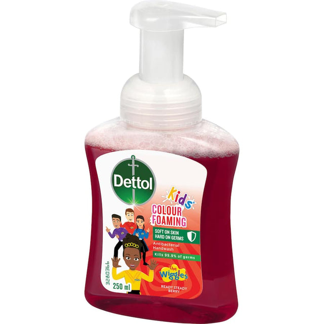 Colorful foam Dettol Kids Hand Wash Berry, antibacterial and gentle, making hand hygiene fun for children.