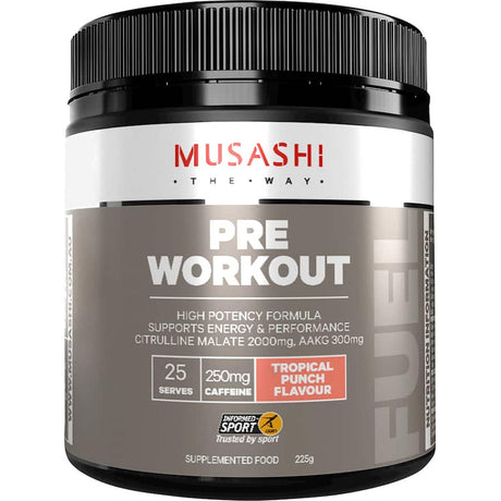 Musashi Pre-workout Protein Powder in Tropical flavor boosts energy and performance for athletes and gym enthusiasts.