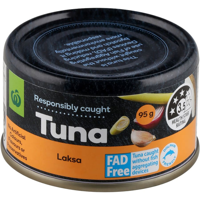 Canned Woolworths Tuna Laksa featuring creamy coconut milk, skipjack tuna, and vibrant spices for a quick, nutritious meal.