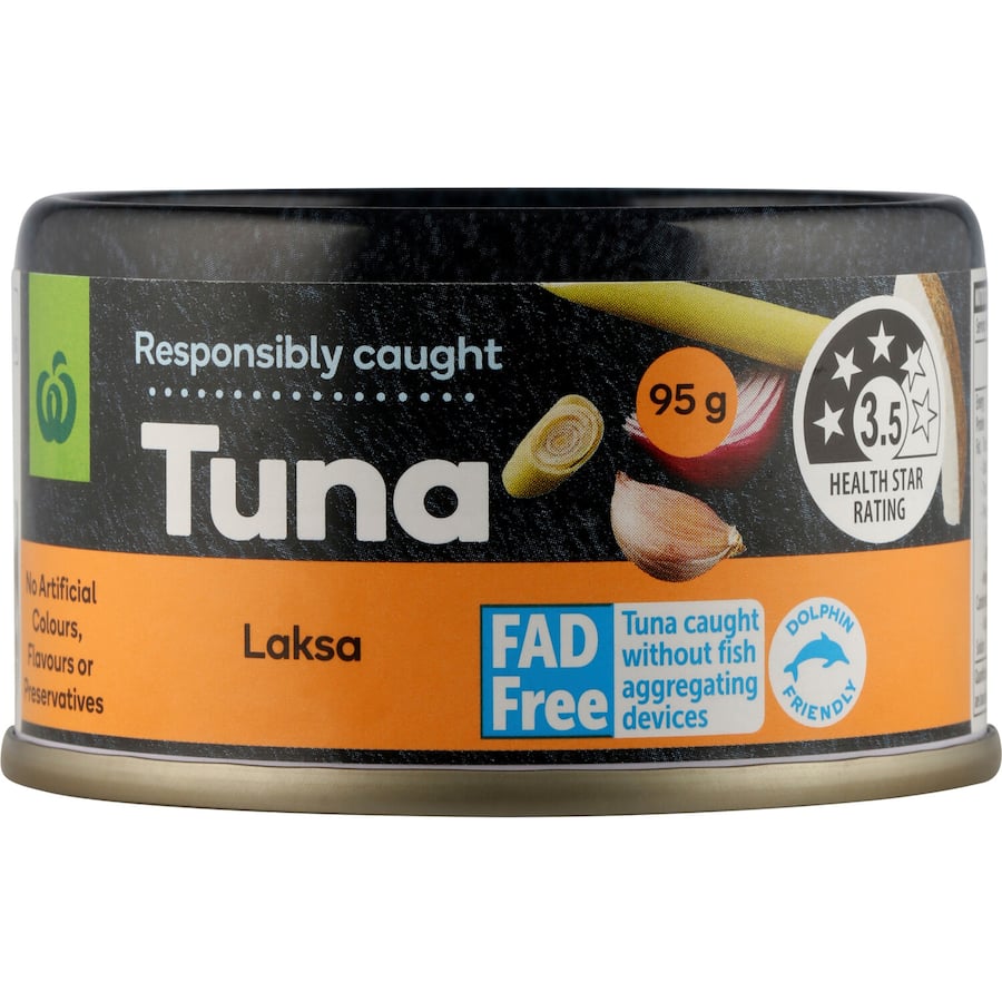 A can of Woolworths Tuna Laksa featuring high-quality skipjack tuna in creamy coconut milk and red curry spices.