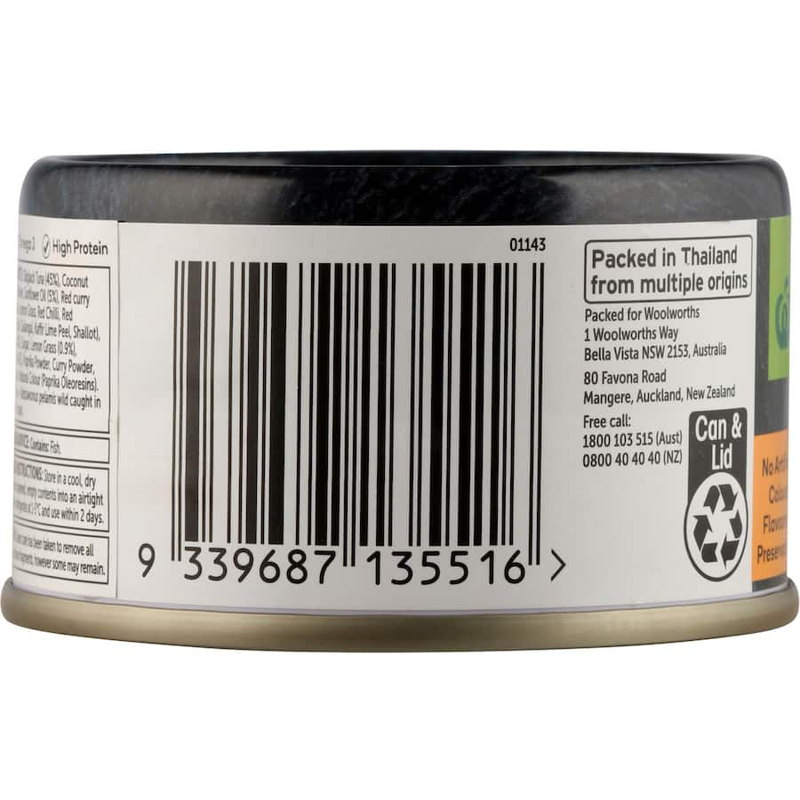 Woolworths Tuna Laksa in a convenient tear tab can, featuring skipjack tuna, coconut milk, and aromatic spices for quick meals.