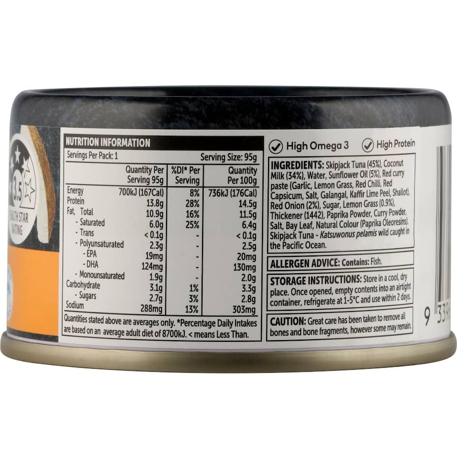 Woolworths Tuna Laksa in a tear tab can, featuring creamy coconut milk, spices, and responsibly sourced skipjack tuna.