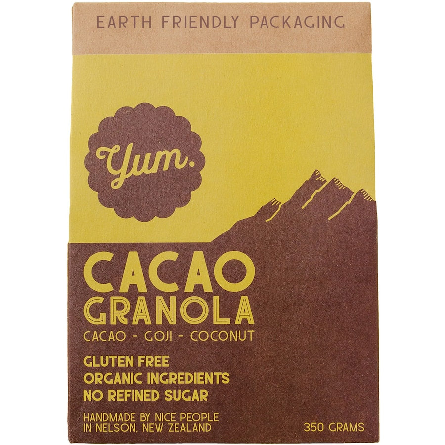 Yum Granola Cacao, Coji & Coconut, a nutritious blend of cacao, coji berries, and coconut flakes for a delicious, healthy snack.