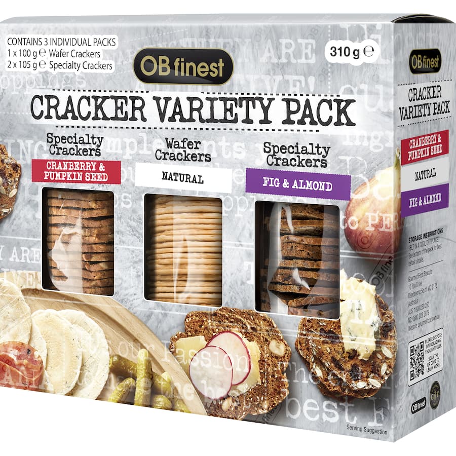 Assorted gourmet Ob Finest Crackers featuring savory flavors like rosemary and sea salt, perfect for snacking or entertaining.