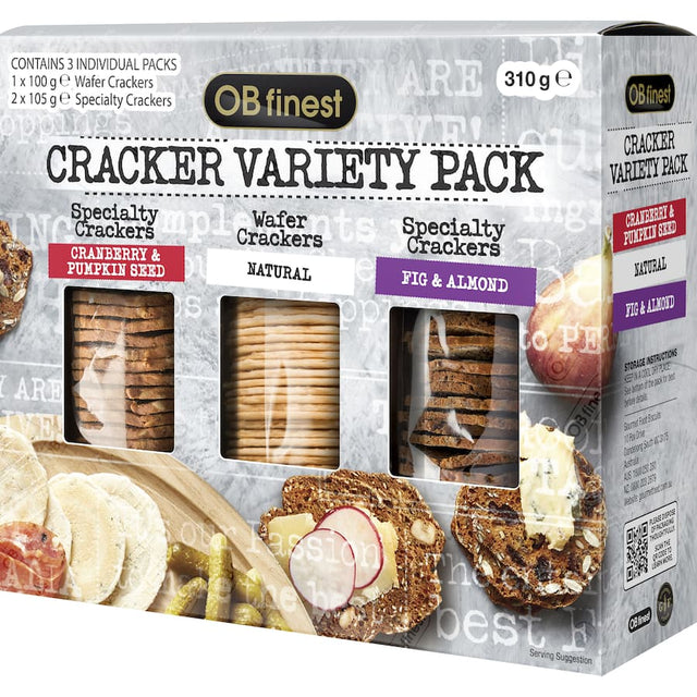 Assorted gourmet Ob Finest Crackers featuring savory flavors like rosemary and sea salt, perfect for snacking or entertaining.