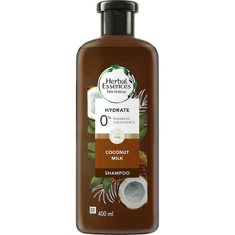 Herbal Essences Coconut Milk Shampoo in a 400ml bottle, hydrates dry hair with natural ingredients and vibrant fragrance.