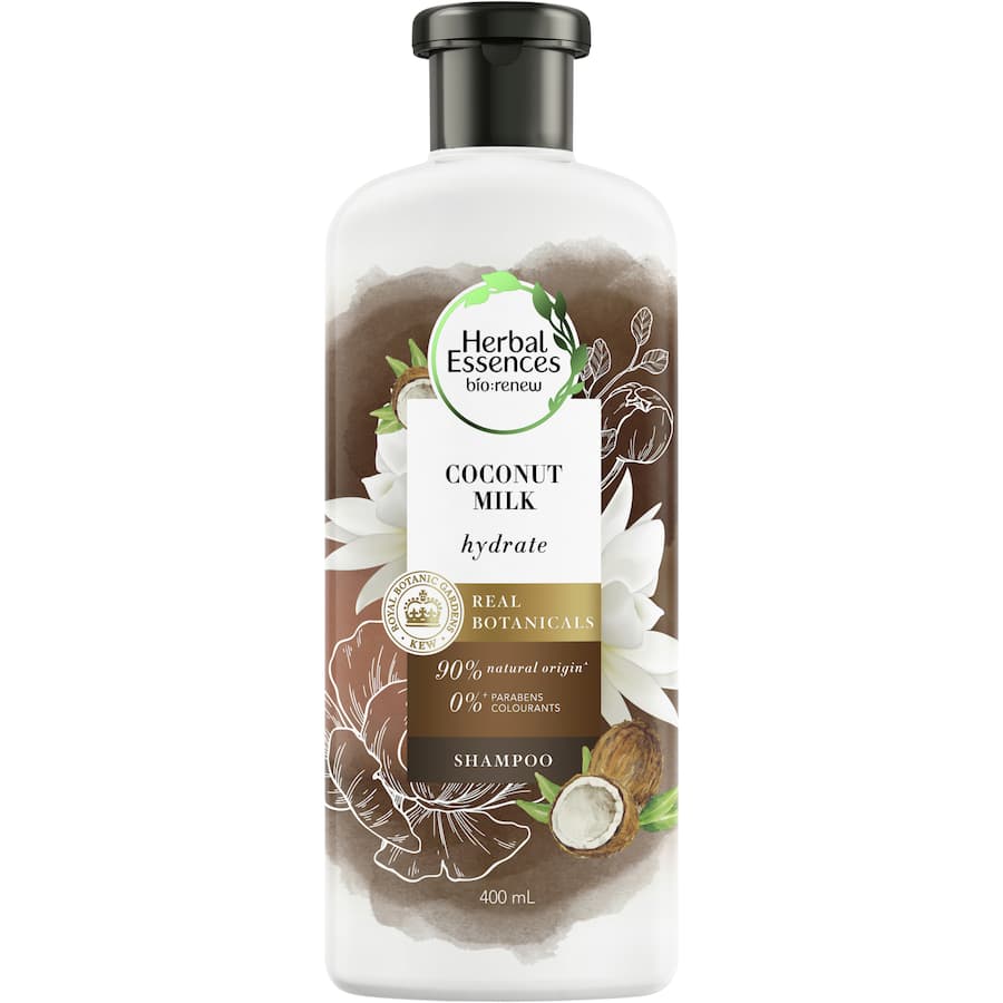 Hydrating shampoo containing coconut milk for dry hair, with a floral-vanilla scent and eco-friendly packaging.