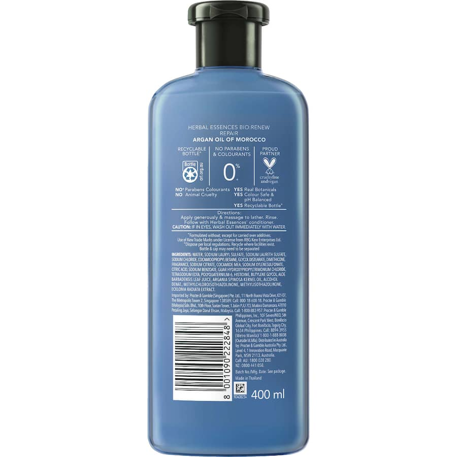 Herbal Essences Bio:renew Repairing Shampoo, infused with Argan Oil, revitalizes dry hair with hydration and a citrus-vanilla scent.