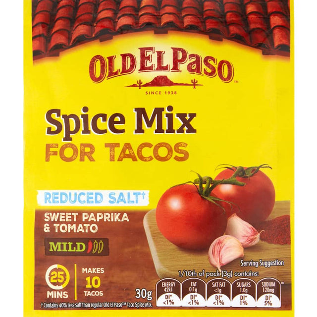 Old El Paso Reduced Salt Taco Mix, a flavorful blend of spices for creating delicious, healthier tacos.