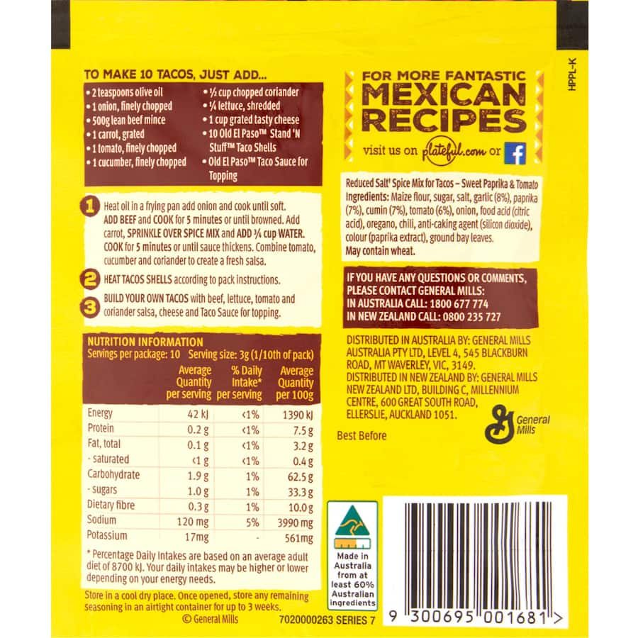 Old El Paso Taco Mix Reduced Salt features vibrant Mexican spices for flavorful, healthier tacos with 40% less sodium.