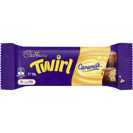 Cadbury Twirl Caramilk chocolate bar featuring smooth chocolate and creamy caramel, perfect for indulgent snacking.