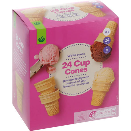 Woolworths Ice Cream Cones Cups 24pk, crispy wafer cones made with quality ingredients, perfect for ice cream lovers.