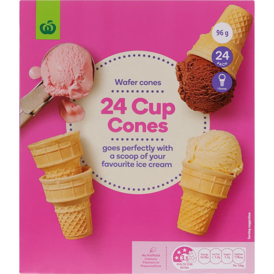 Woolworths Ice Cream Cones Cups 24pk box featuring crispy wafer cones made in New Zealand, perfect for ice cream lovers.