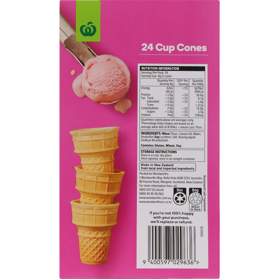 Woolworths Ice Cream Cones Cups in a 24-pack, made from quality ingredients for a delightful ice cream experience.