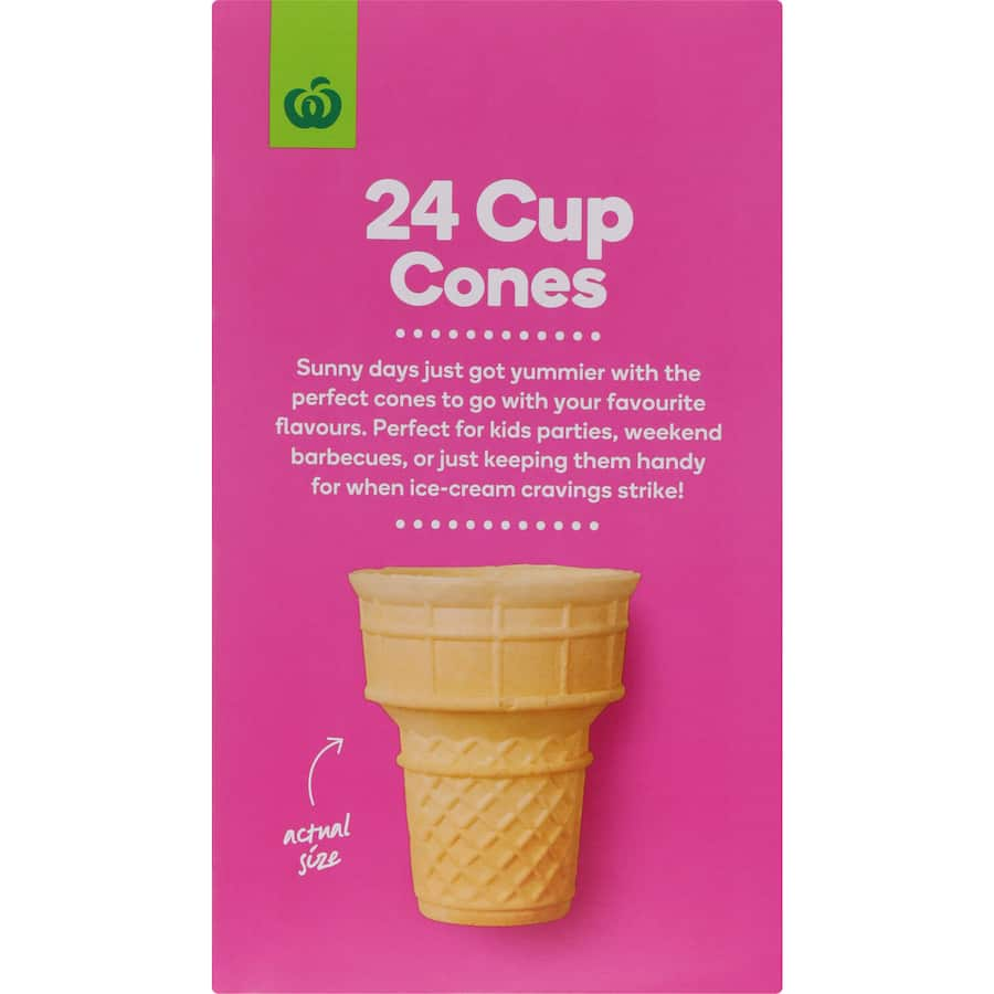 Woolworths Ice Cream Cones Cups 24pk, crispy wafer cones made in NZ, perfect for ice cream treats and gatherings.