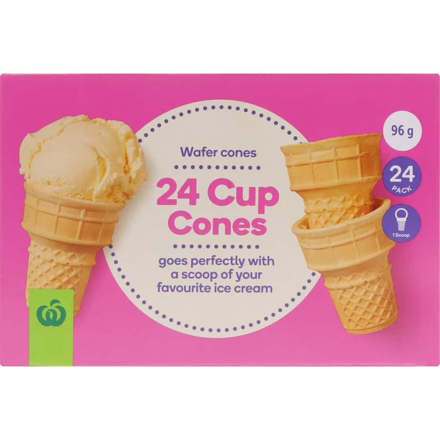 Woolworths Ice Cream Cones Cups: 24 crispy wafer cones, made in New Zealand, perfect for ice cream indulgence and sharing.