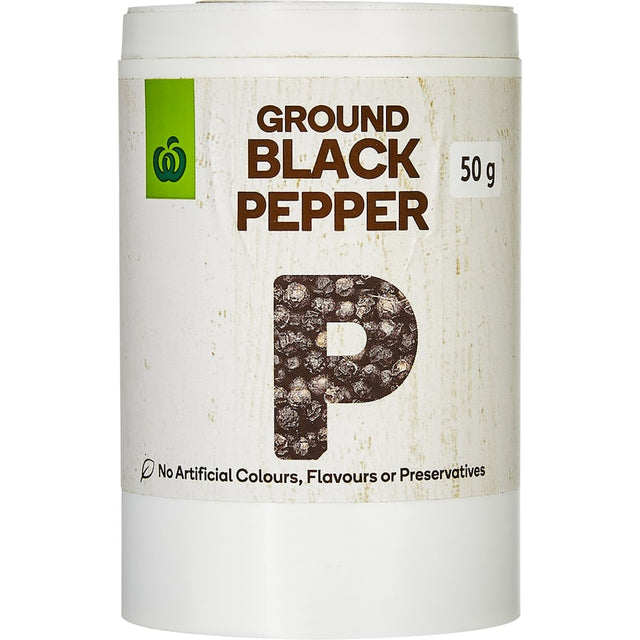 A 50g bottle of Woolworths ground black pepper, perfect for enhancing flavors in a variety of savory and sweet dishes.