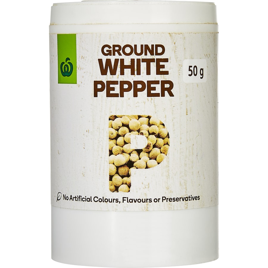 Woolworths White Pepper Ground in a 50g jar, ideal for enhancing soups, sauces, and marinades with refined warmth and flavor.