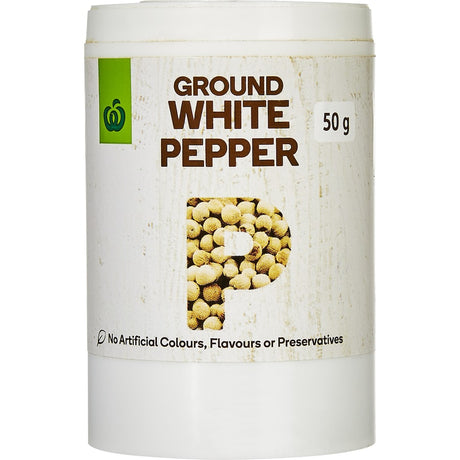 Woolworths White Pepper Ground in a 50g jar, ideal for enhancing soups, sauces, and marinades with refined warmth and flavor.