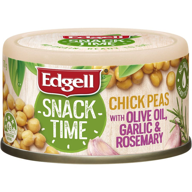 Crispy Edgell Snack Time Chickpeas with Rosemary, flavored with garlic and olive oil for a healthy, plant-based snack.