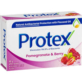 Protex Antibacterial Bar Soap in Pomegranate & Berry, enriched with flaxseed oil for soft skin and 99.9% bacteria elimination.